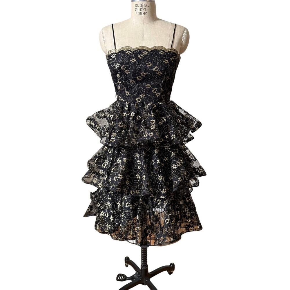 Vintage Lillie Rubin 70s Black & Gold Lace Party Dress Size X-Small